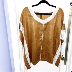 HOT & DELICIOUS PONCHO WITH CROCHED IVORY  LACE & LOOPED FRINGE IN CAMEL